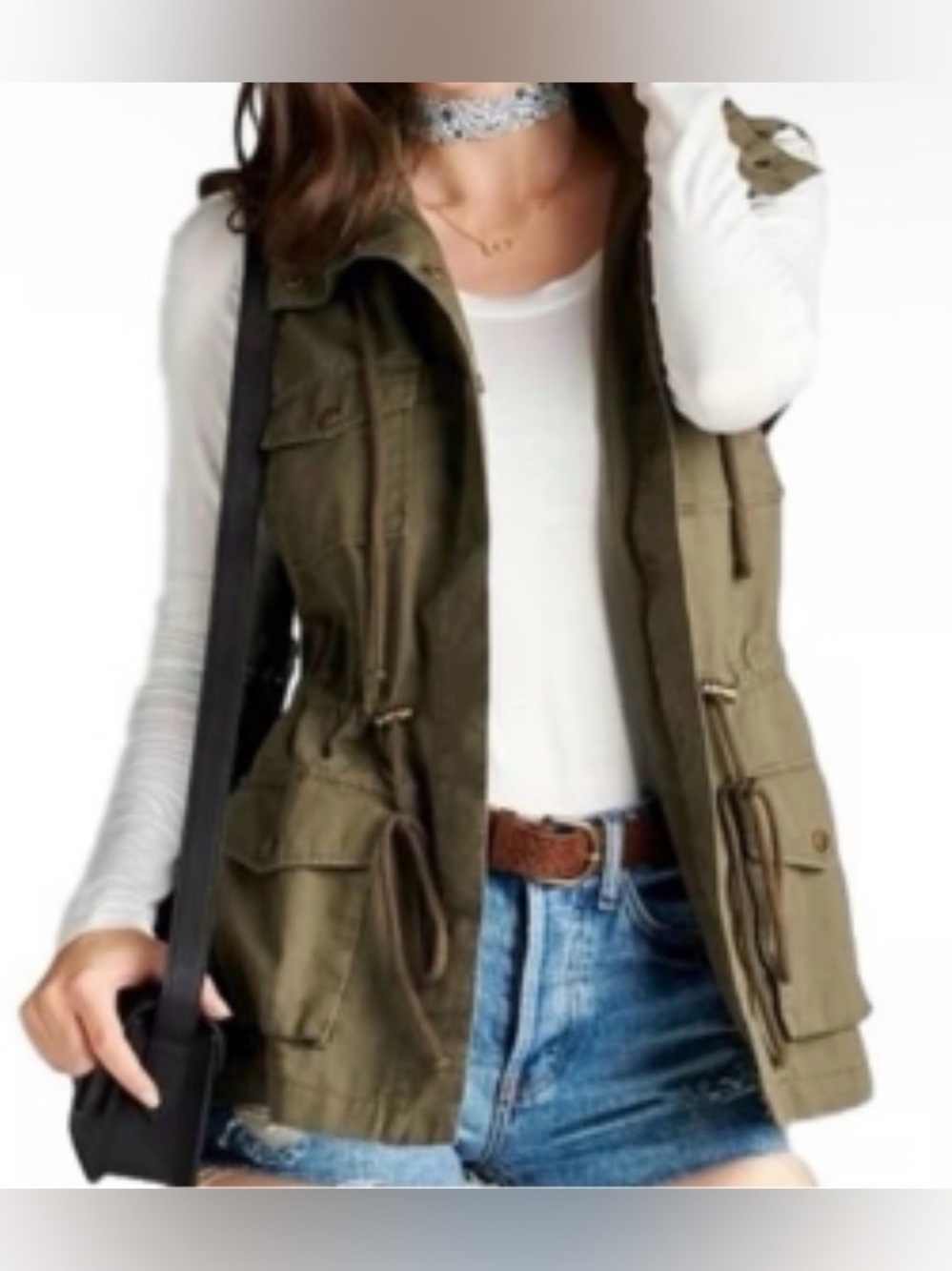 Love Tree Sleeveless Hooded Utility Vest in Olive Green - Size XL